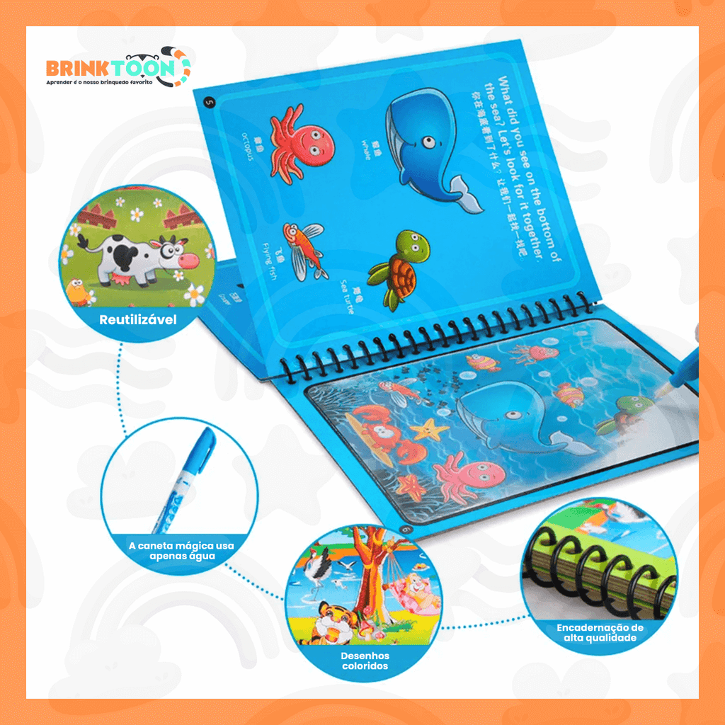 Kit 3 Livros Encantados Brinktoon™ – Pinte com Água, Reutilize Sempre e Diga Adeus à Bagunça!
