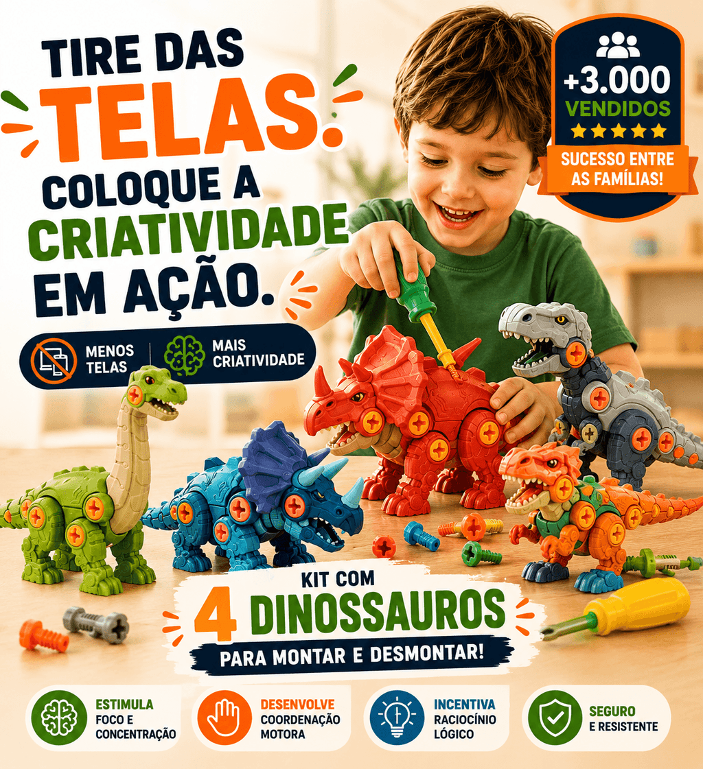 MonterSauros Brinktoon™ — Kit Educativo com 4 Dinossauros para Montar e Desmontar