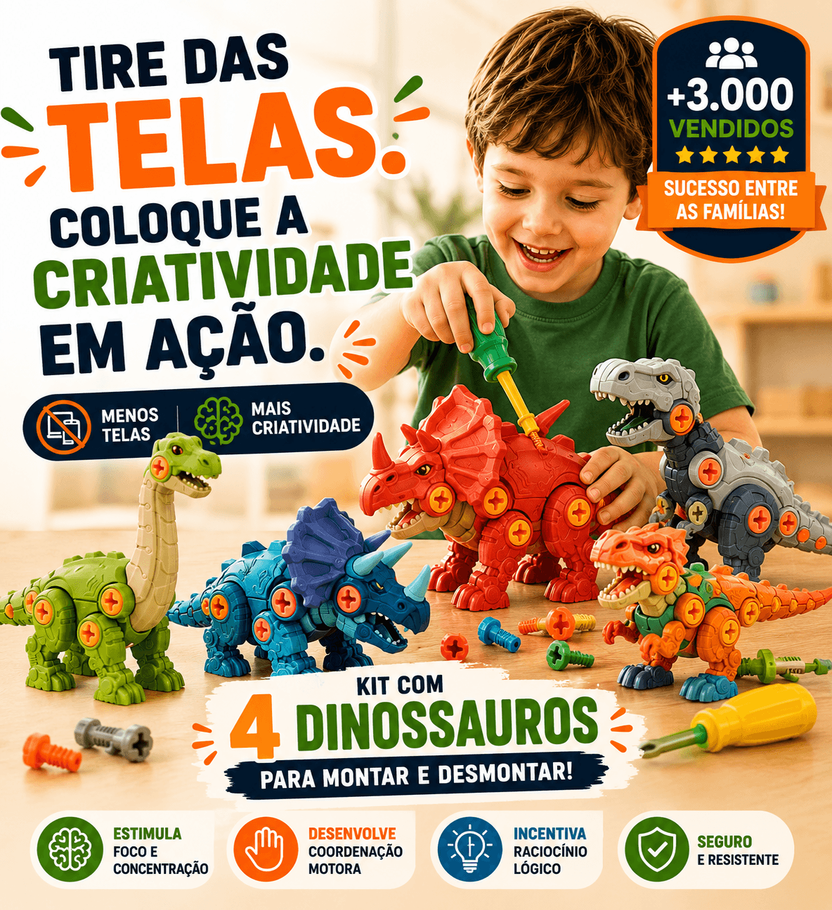 MonterSauros Brinktoon™ — Kit Educativo com 4 Dinossauros para Montar e Desmontar