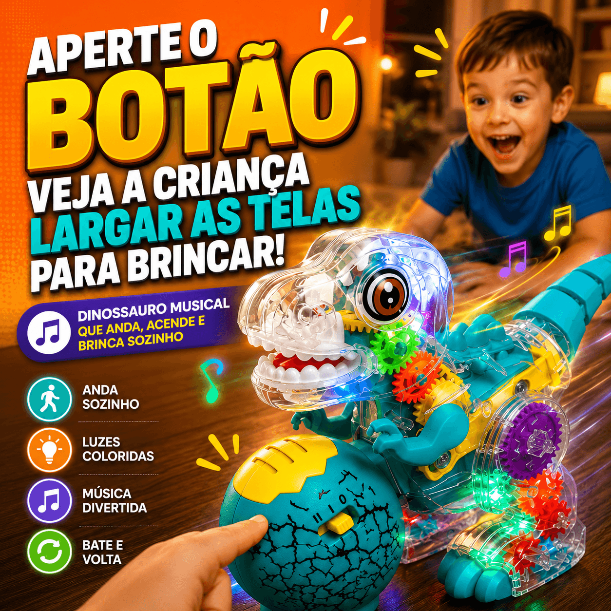 Dinobô Interativo Brinktoon™ – Aperte o Botão e Veja a Criança Largar as Telas para Brincar 🦖