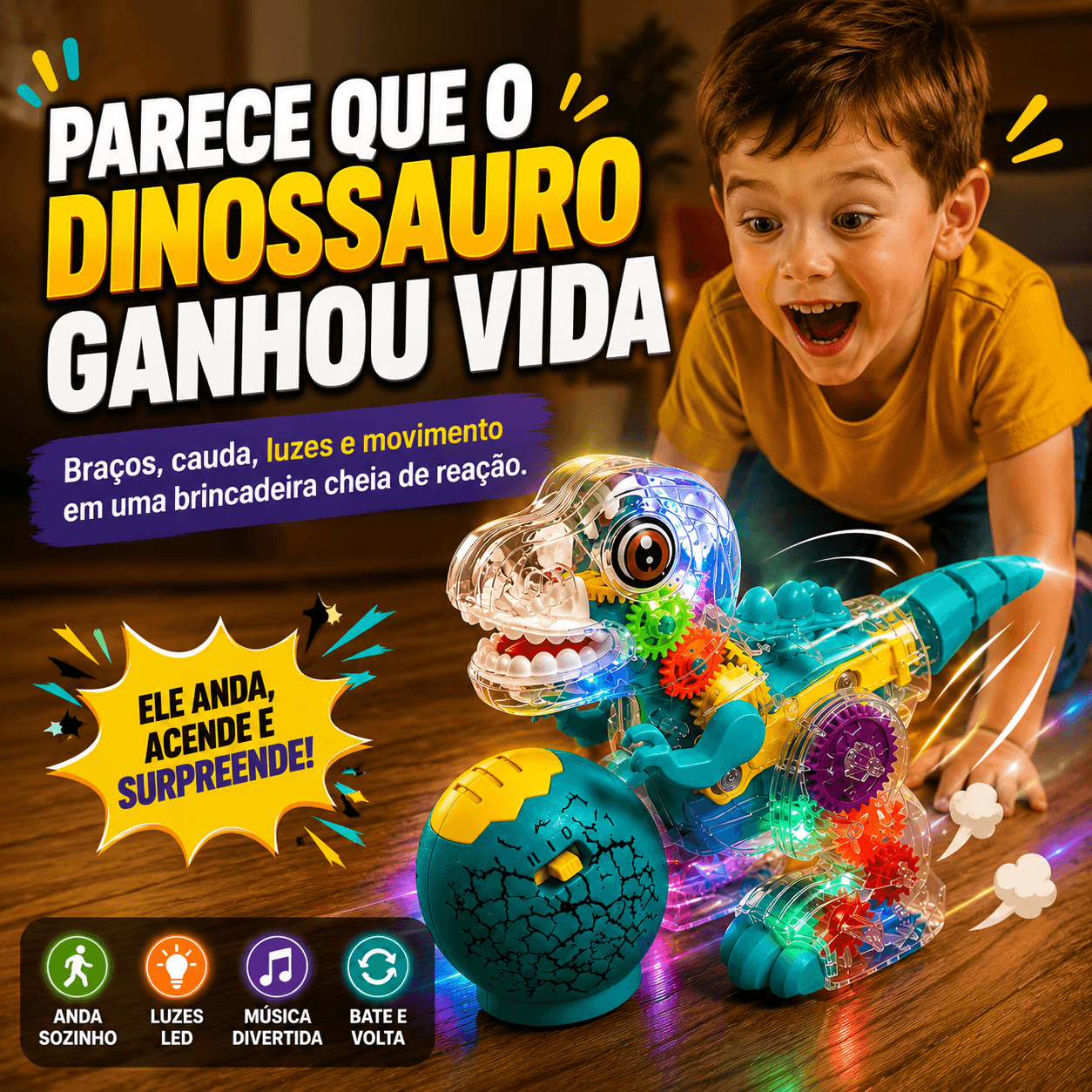 Dinobô Interativo Brinktoon™ – Aperte o Botão e Veja a Criança Largar as Telas para Brincar 🦖