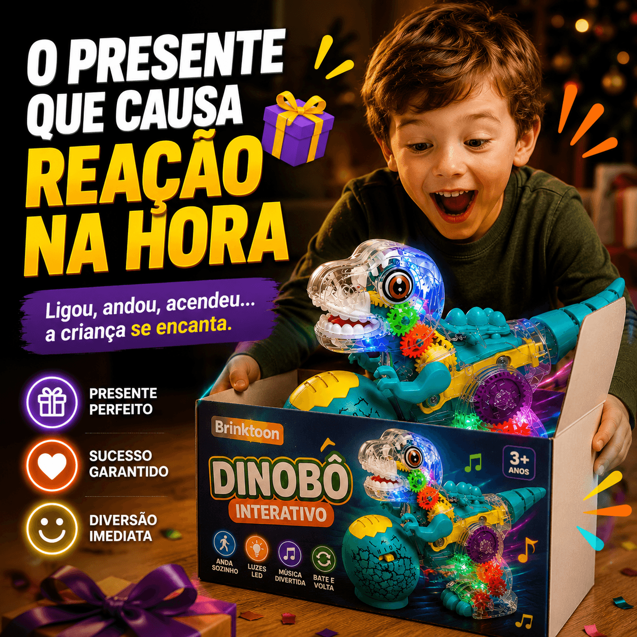 Dinobô Interativo Brinktoon™ – Aperte o Botão e Veja a Criança Largar as Telas para Brincar 🦖