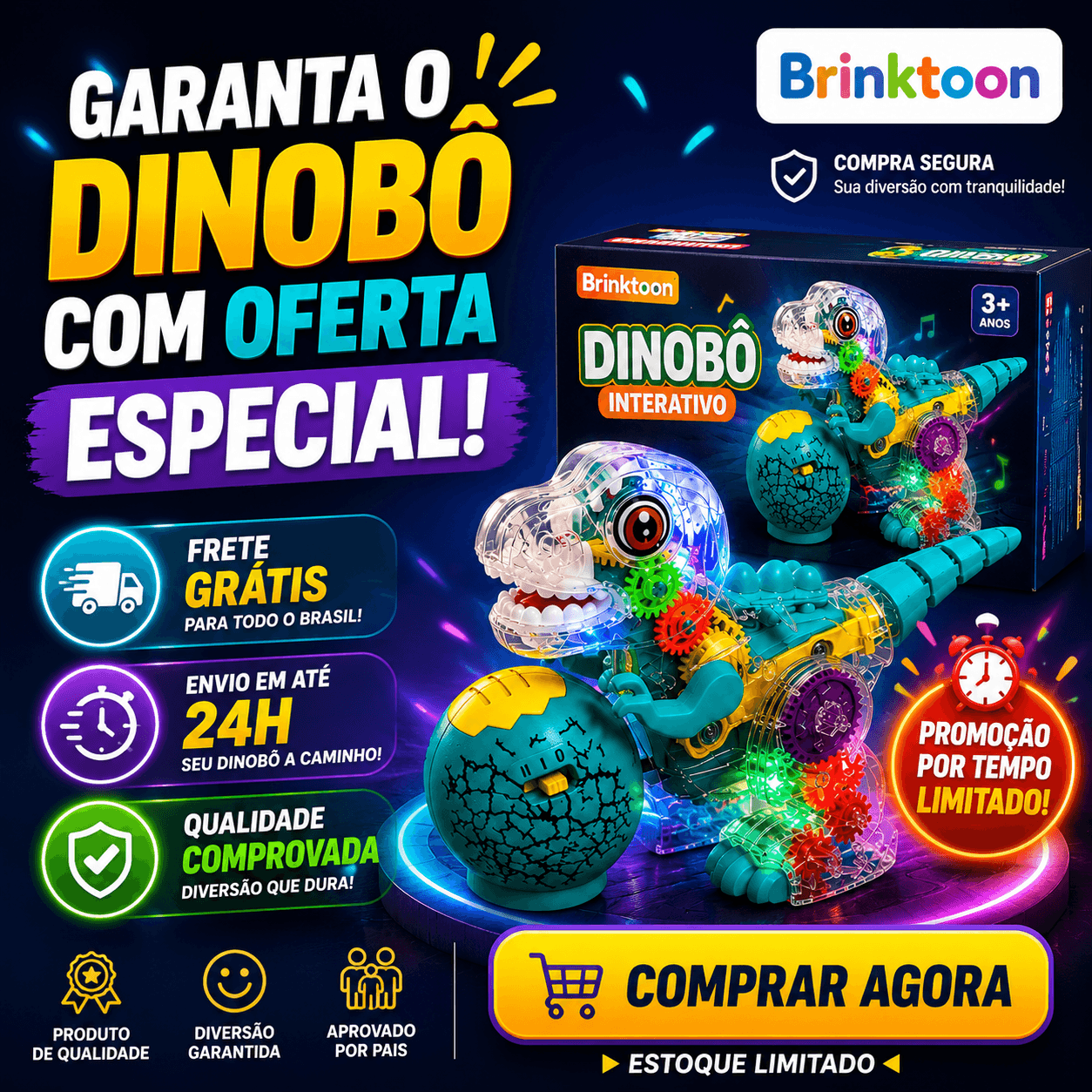 Dinobô Interativo Brinktoon™ – Aperte o Botão e Veja a Criança Largar as Telas para Brincar 🦖