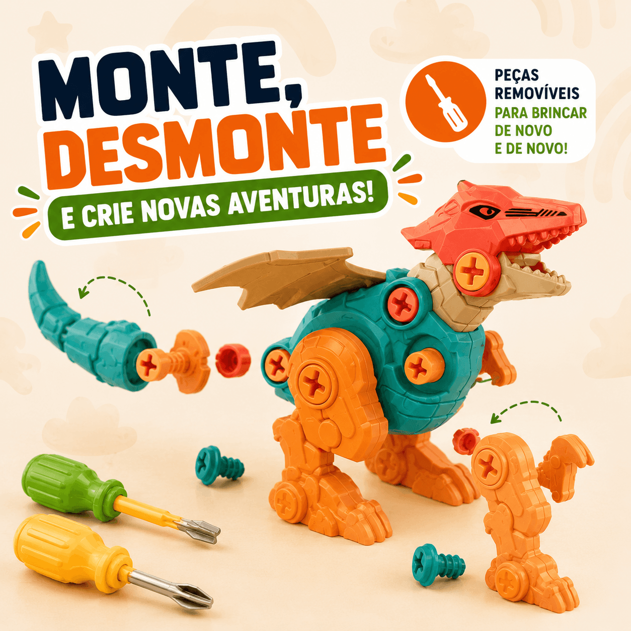 MonterSauros Brinktoon™ — Kit Educativo com 4 Dinossauros para Montar e Desmontar