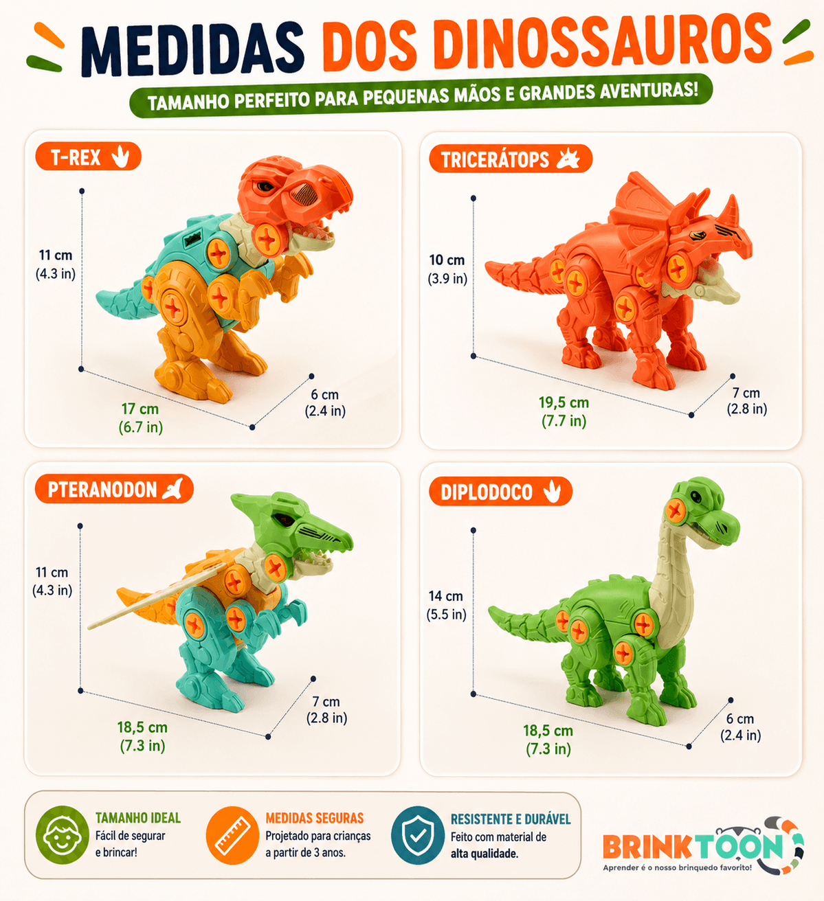 MonterSauros Brinktoon™ — Kit Educativo com 4 Dinossauros para Montar e Desmontar